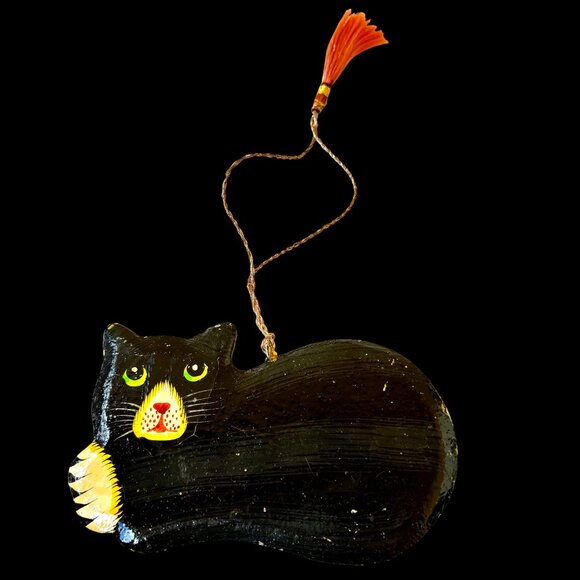 Vintage Wood Black Cat Christmas Hanging Ornament Hand Painted DOUBLE SIDED - Picture 8 of 8